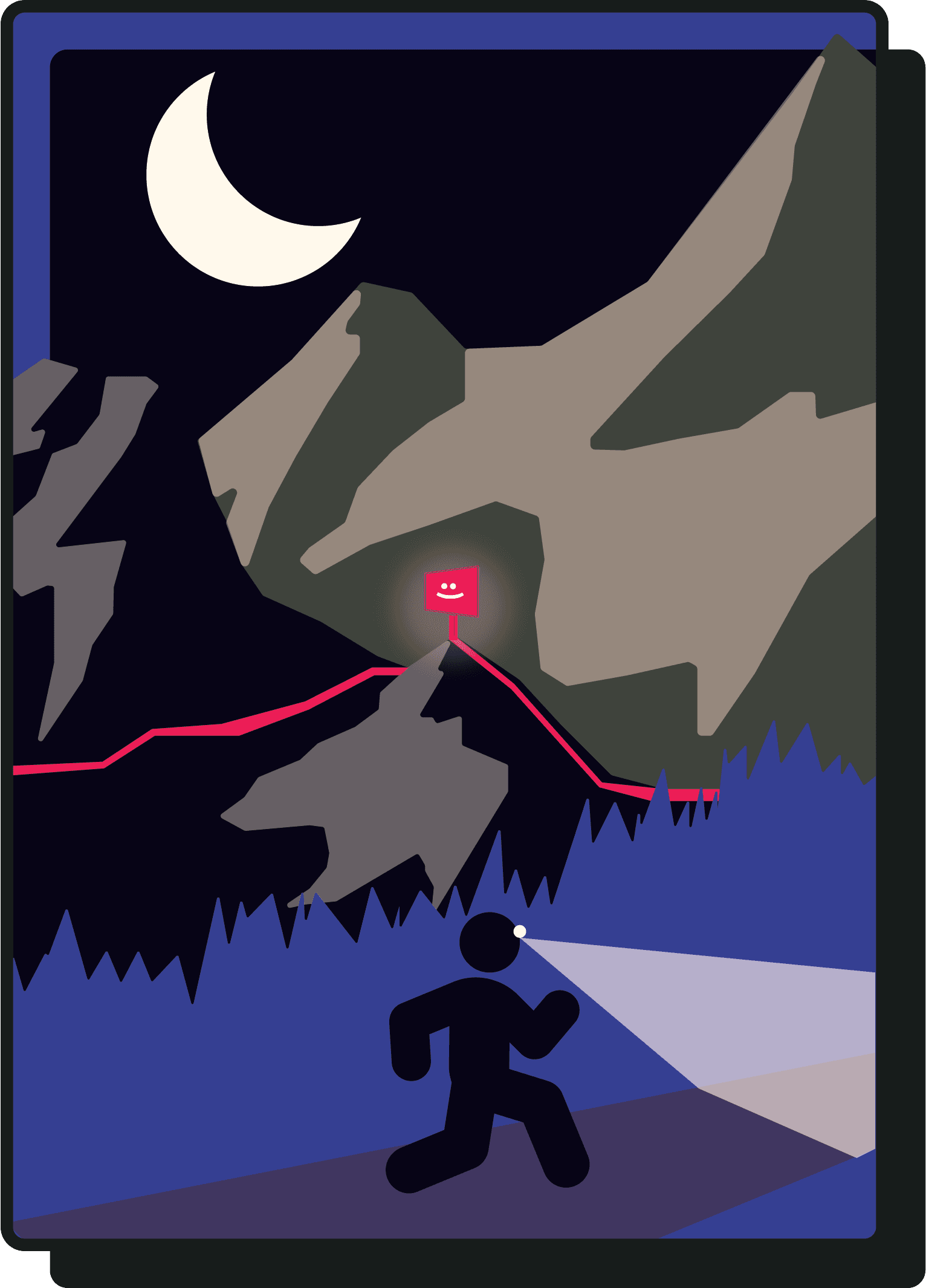 Affiche : un coureur à la frontale dans la nuit, le panneau lumineux du Ravito brille plus haut sur la montagne