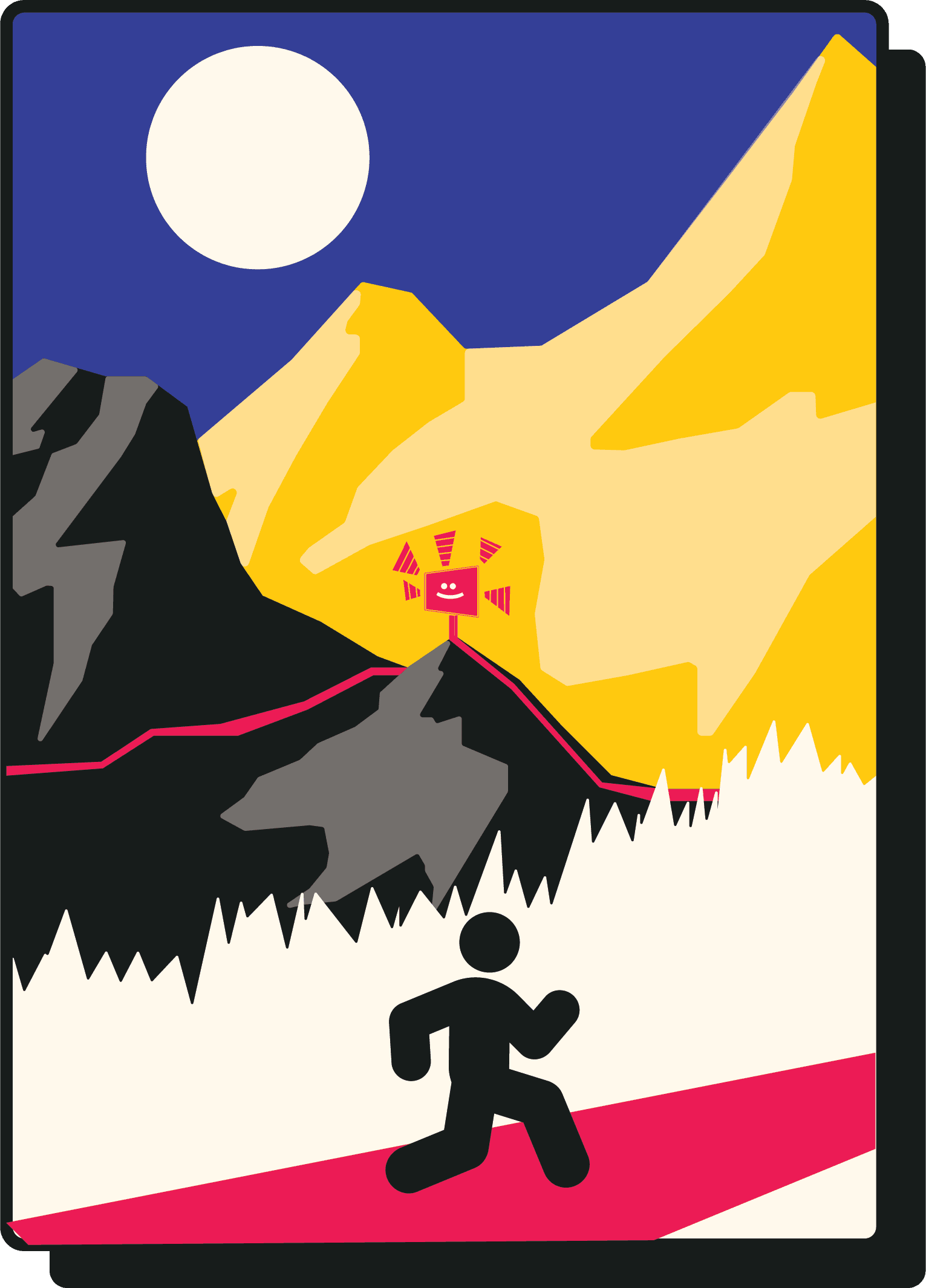Affiche : un coureur grimpe un sentier de montagne, le panneau souriant du Ravito l'attend au sommet